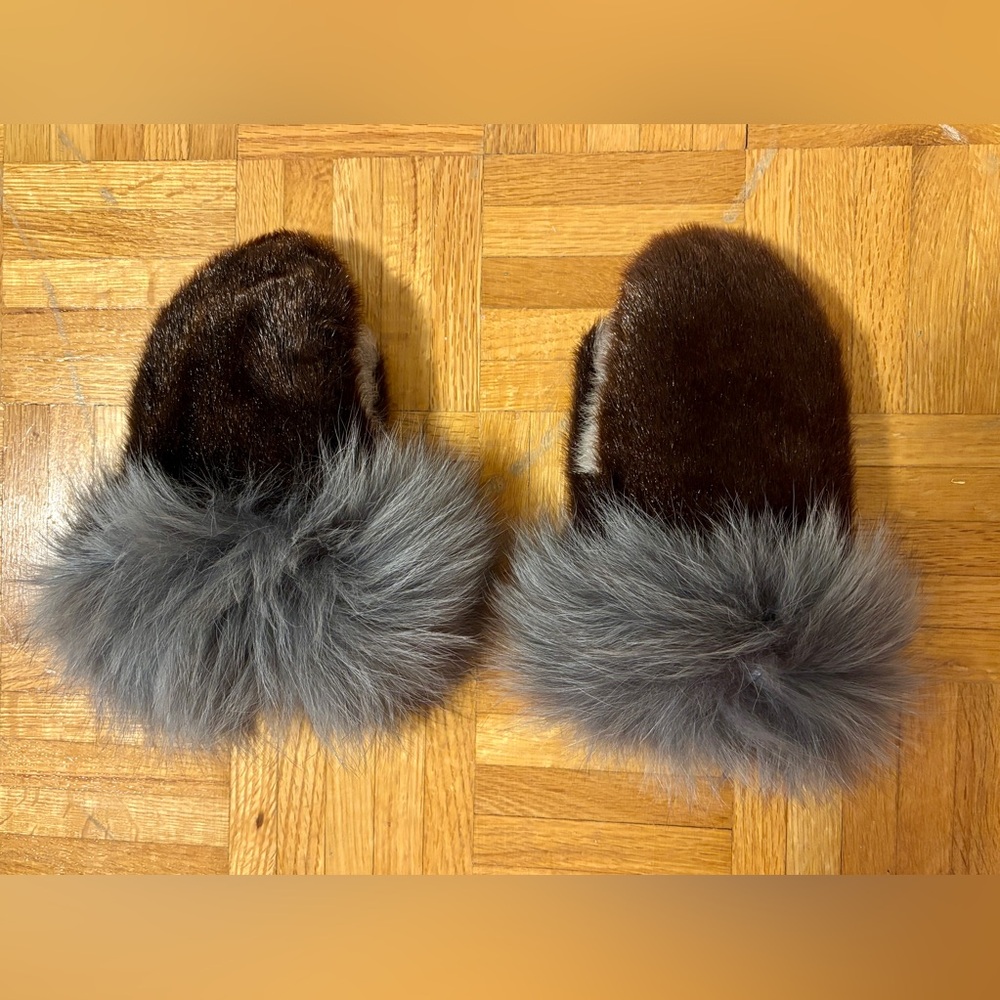 Brown Seal Fur Mittens with Gray Fox Fur Trim